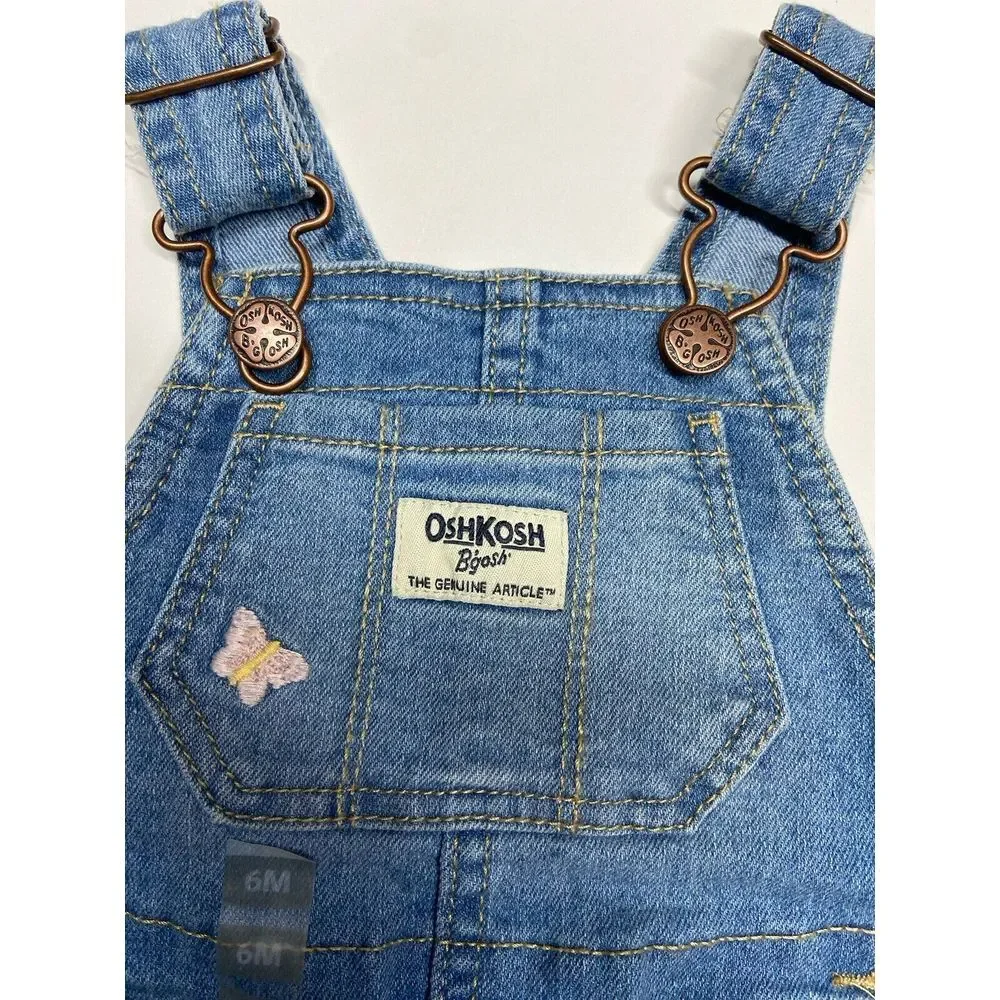 Oshkosh B'Gosh Girls‎ 6M Jean Short Overalls V-Back Floral Embroidery Light Blue